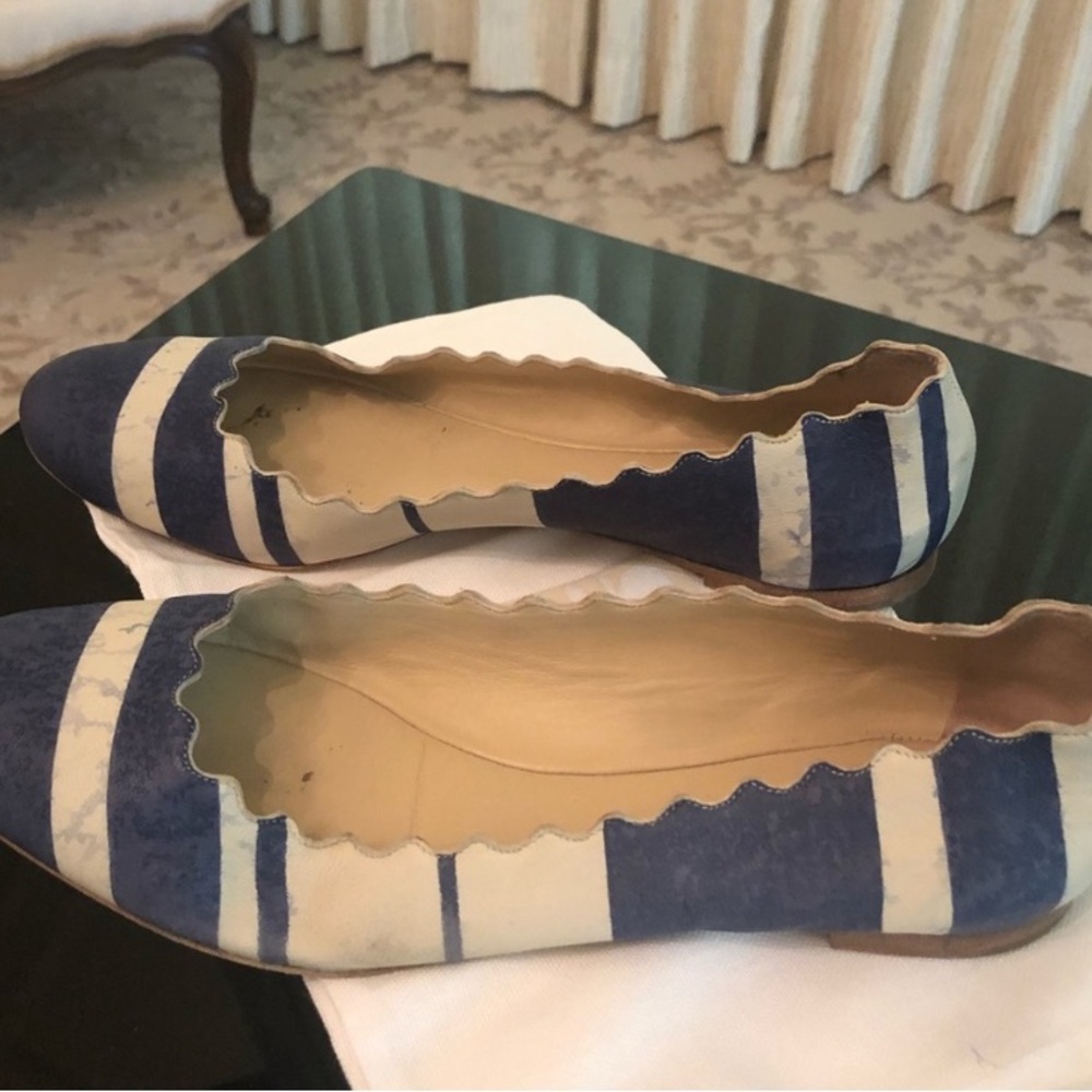 Chloe adorable unique stripe flats Blue and cream striped Scalloped edges.